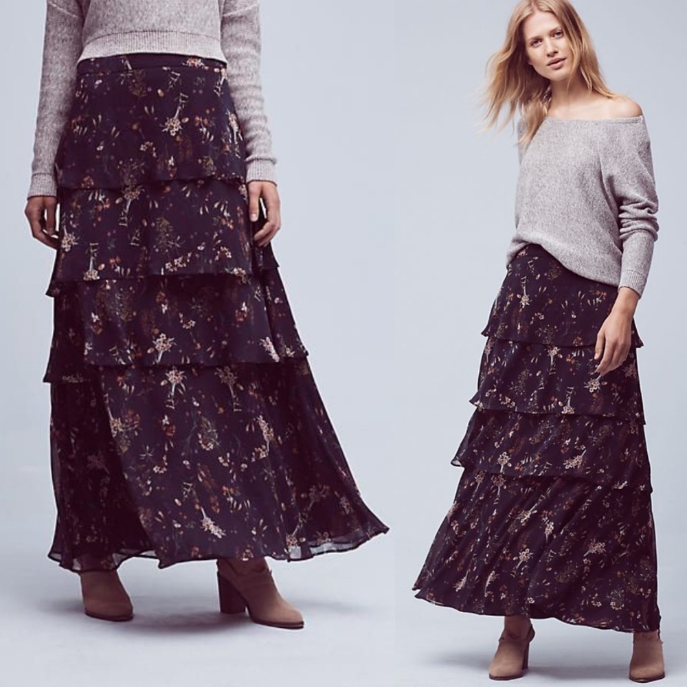 Anthropologie Tiered Maxi Skirt - Black with Floral Print